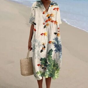 DASHING SOUL Women’s Watercolor Fish Art Print Short-Sleeved Midi Dress size 3X